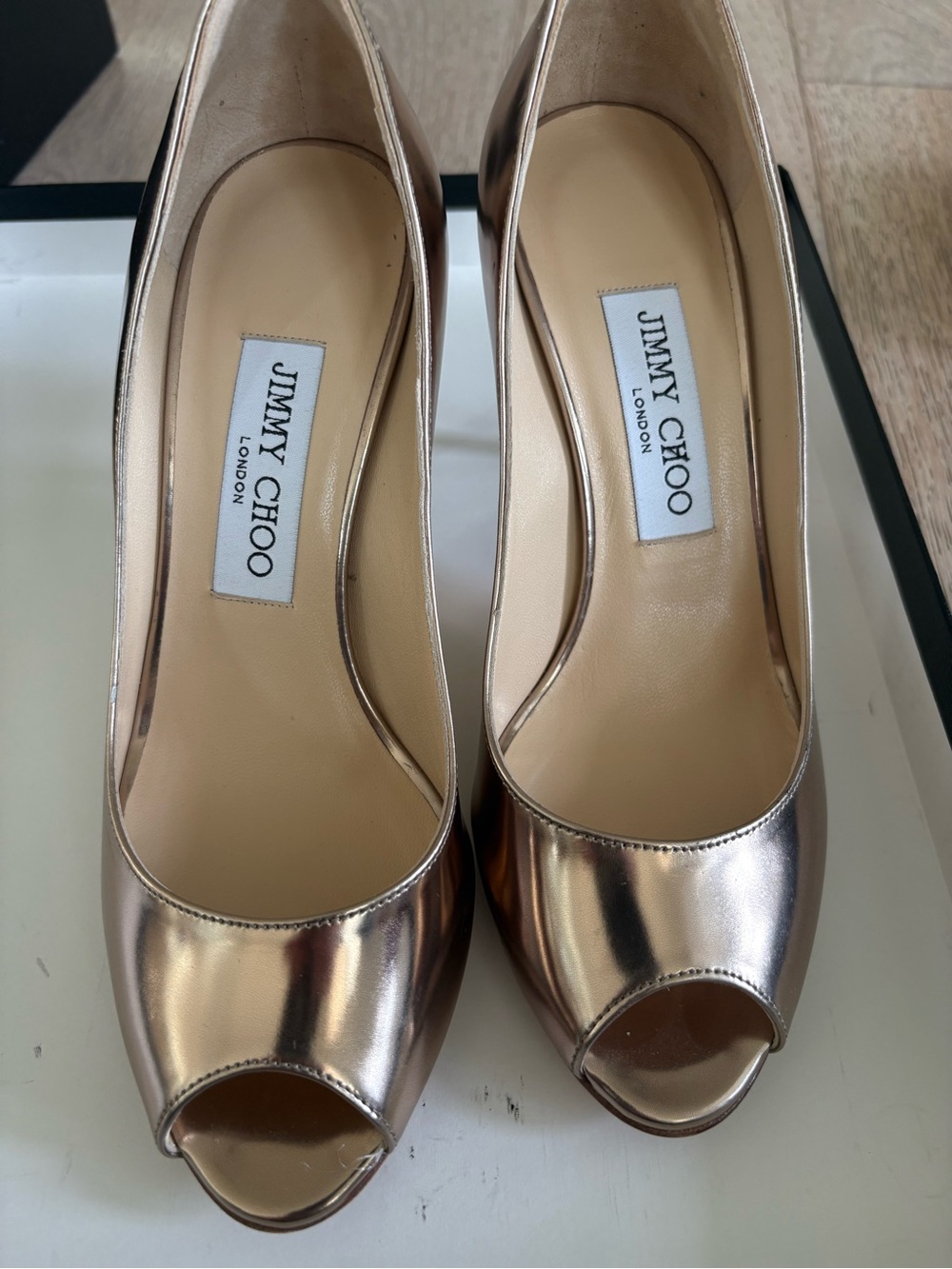 Jimmy Choo Rose Gold Metallic Peep-Toe Pumps